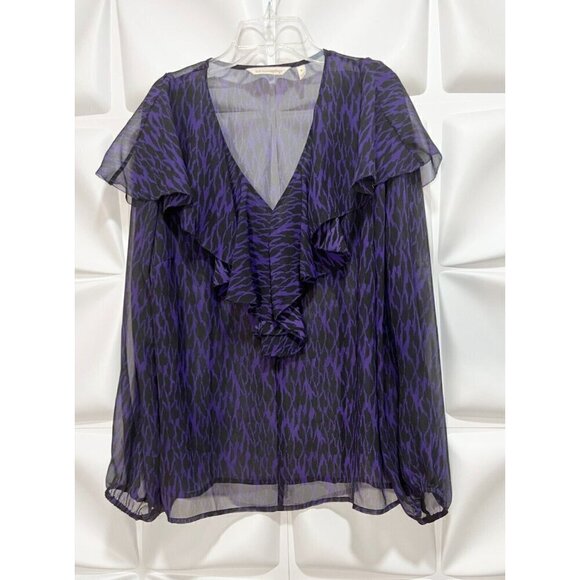 Soft Surroundings Sz M Purple Black Animal Print Chiffon Blouse Top V Neck Poet - Picture 2 of 6